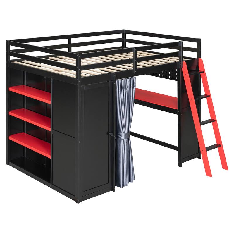 Full Size Wood Loft Bed with, Wardrobe, Shelves, Blackout Curtains, and RGB Lights