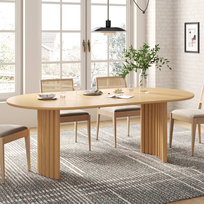 Oval Dining Table with Arc-Shaped Edge Top and Stripes Base Modern Farmhouse Kitchen Table for Living Room Dining Room