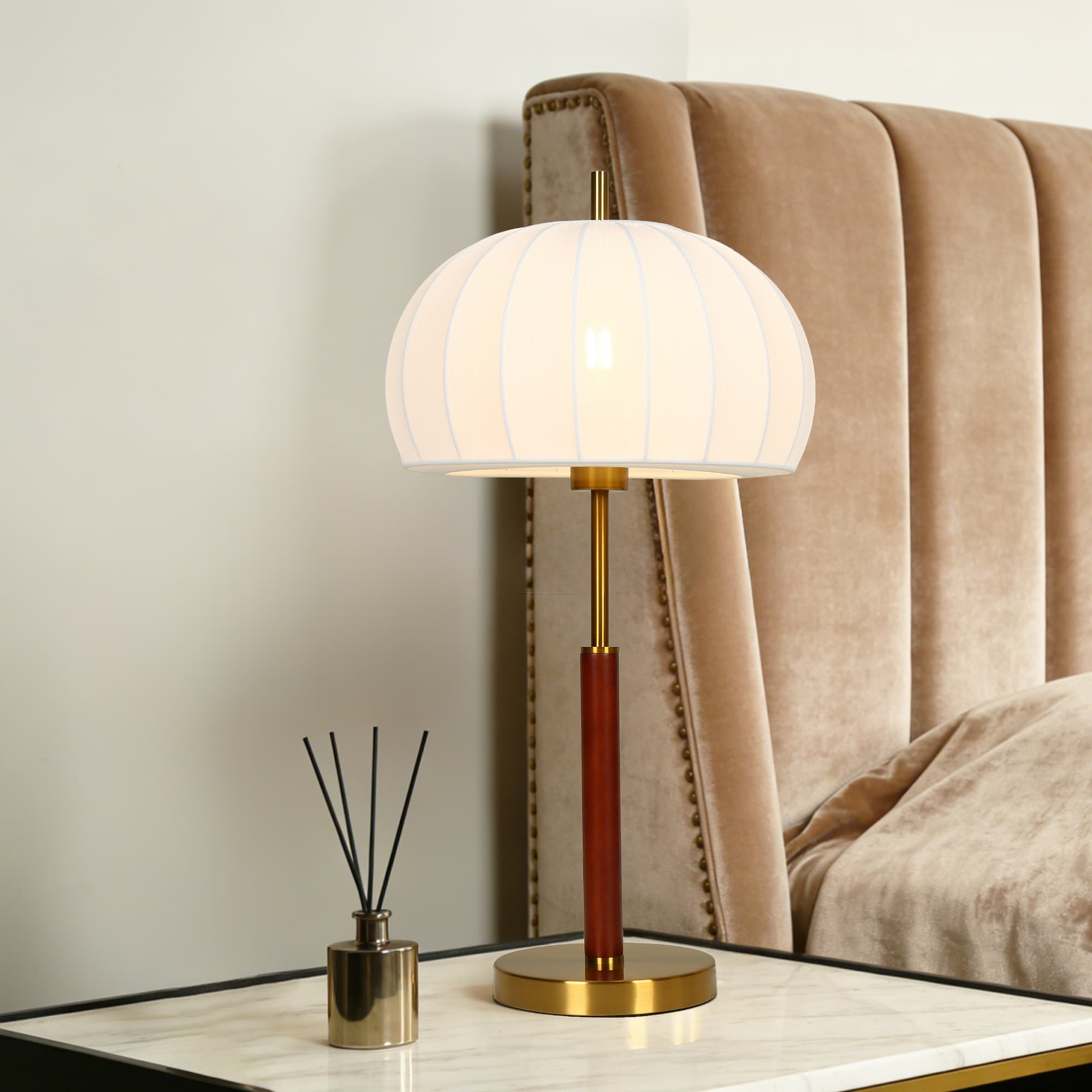 Brass Pumpkin Fabric Table Lamp Modern Pleated White Shade Bedside Lamp for Living Room - 12.5"W x 24"H