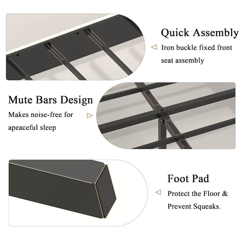 King Size Metal Bed Frame Upholstered Platform Bed Frame with High Headboard, Metal Cross Slats Support, Easy Assembly, Beige