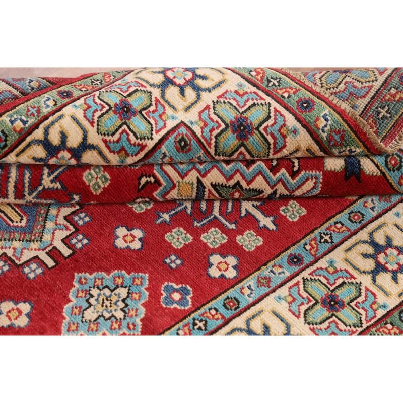 Geometric Red Kazak Oriental Area Rug Bedroom Hand-Knotted Wool Carpet - 3'11"x 6'0"