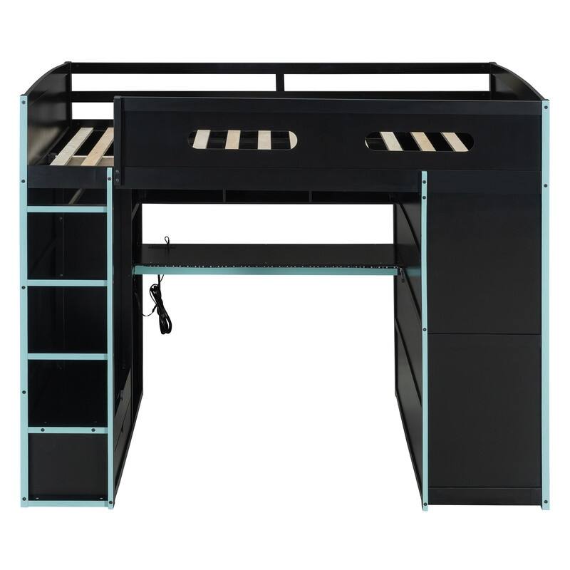 Full Size Versatile Loft Bed w/ Built-in Desk w/ Charging Station, Wood Storage Gaming Bed Frame w/ Wardrobe and Drawer
