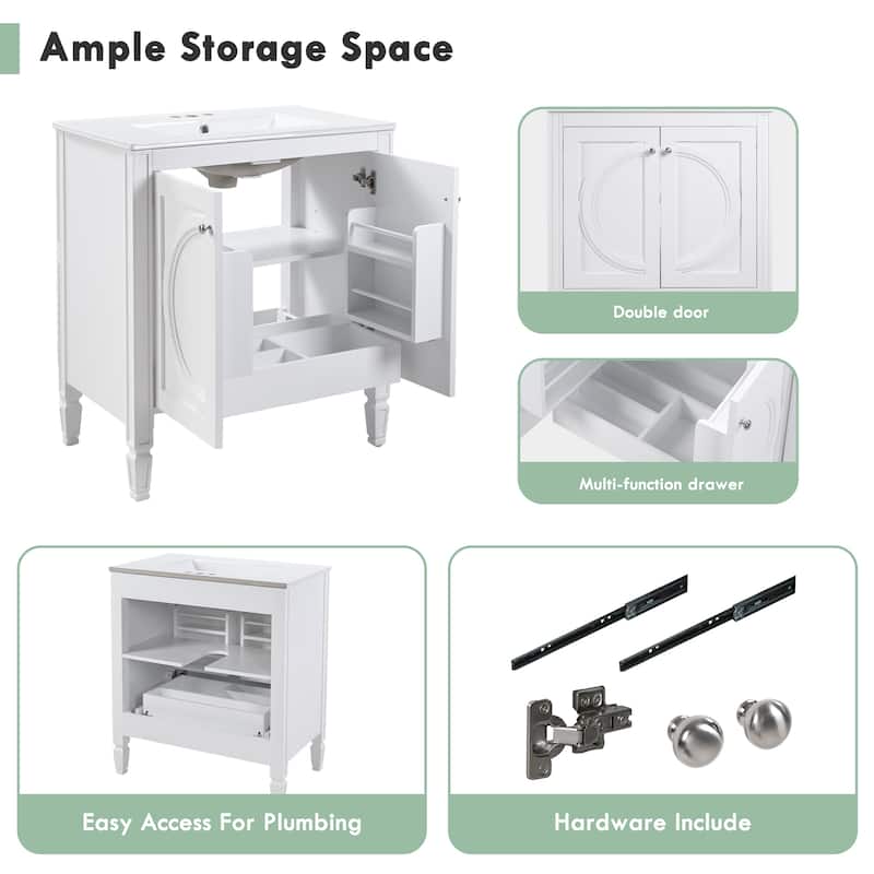 30" No-Installation Bathroom Vanity Set with Ceramic Sink & Wall-Mounted Medicine Cabinet, Modern White