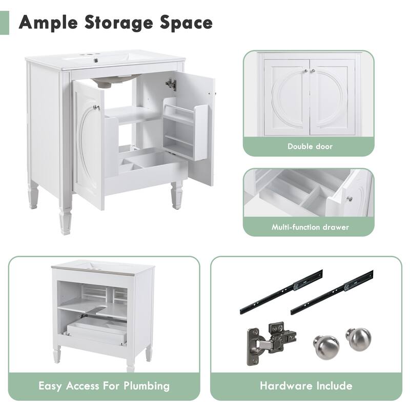 Bathroom Vanity with Ceramic Sink, Solid Wood Bathroom Cabinet, Storage Cabinet with 2 Soft-Close Doors & Adjustable Shelf