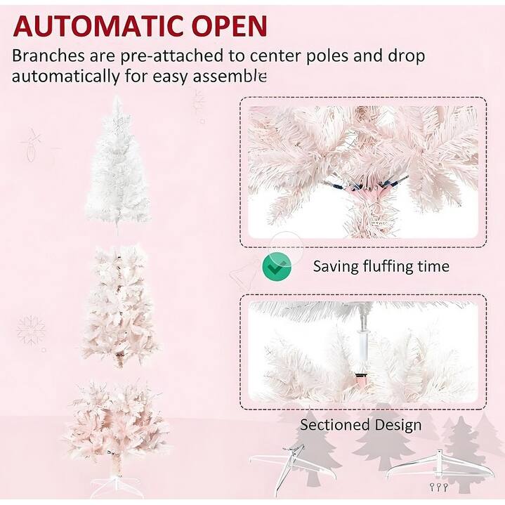Tall Unlit Pencil Fir Artificial Tree - Realistic Branches, Steel Base - Pink,White