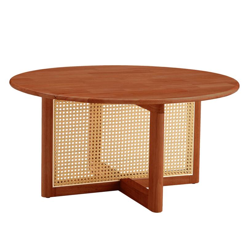 33.5" Modern Round Coffee Table with Artificial Rattan Decorations for Living Room