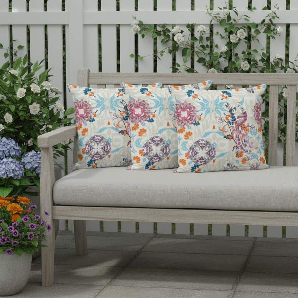 HomeRoots Set of Three 16" X 16" Blue and Off White Peacock Blown Seam Eclectic Indoor Outdoor Throw Pillow