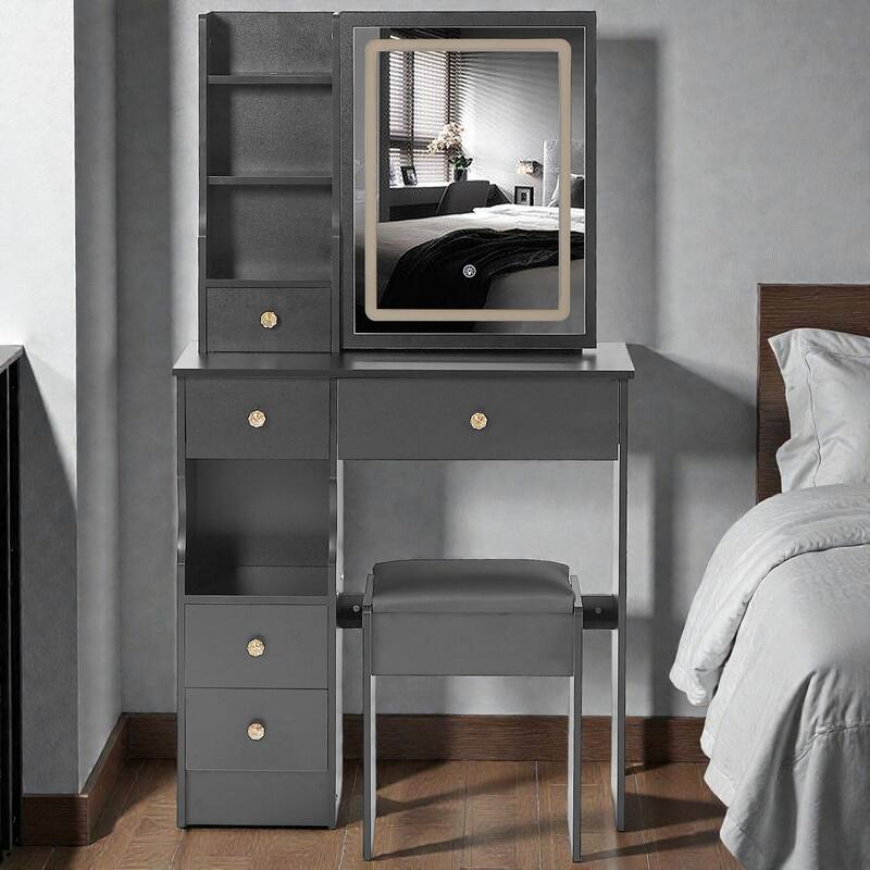 29.2'' Small Vanity Table with LED Tri-Color Mirror, Drawer & Cushioned Stool, Space-Saving Makeup Desk for Small Rooms