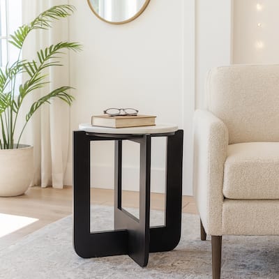 Marble Wood Accent Table Round Top Frame Modern - 20" White Black - 16" x 16" x 19.75"