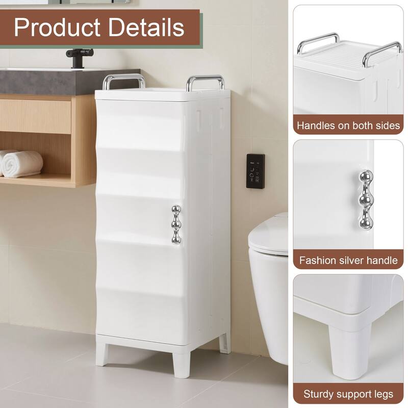 VECELO White Waterproof Plastic Bathroom Storage Cabinet with Adjustable Shelves Space Saving Narrow Cabinet with Handles