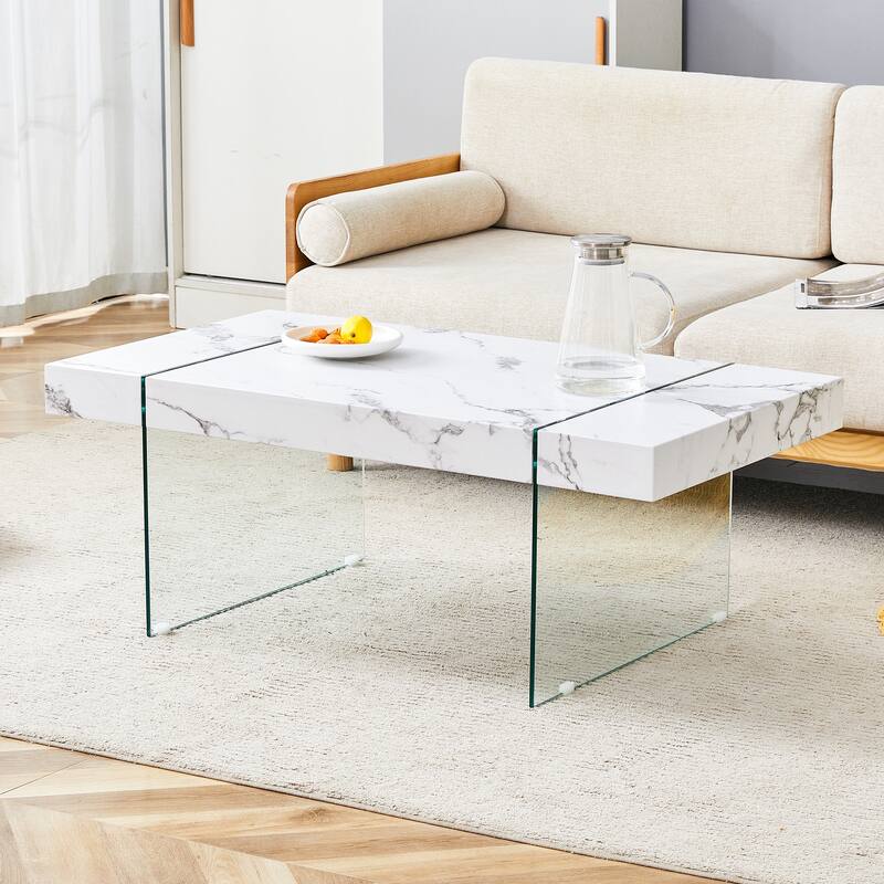Roomfitters White Marble MDF Coffee Table with Tempered Glass Legs, Side or Display Table for Modern Living Room - White Marble
