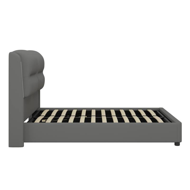 Queen Size Upholstered Hydraulic Platform Bed with Lift-Up Storage, Sensor LED Nightlight, PU Leather Frame