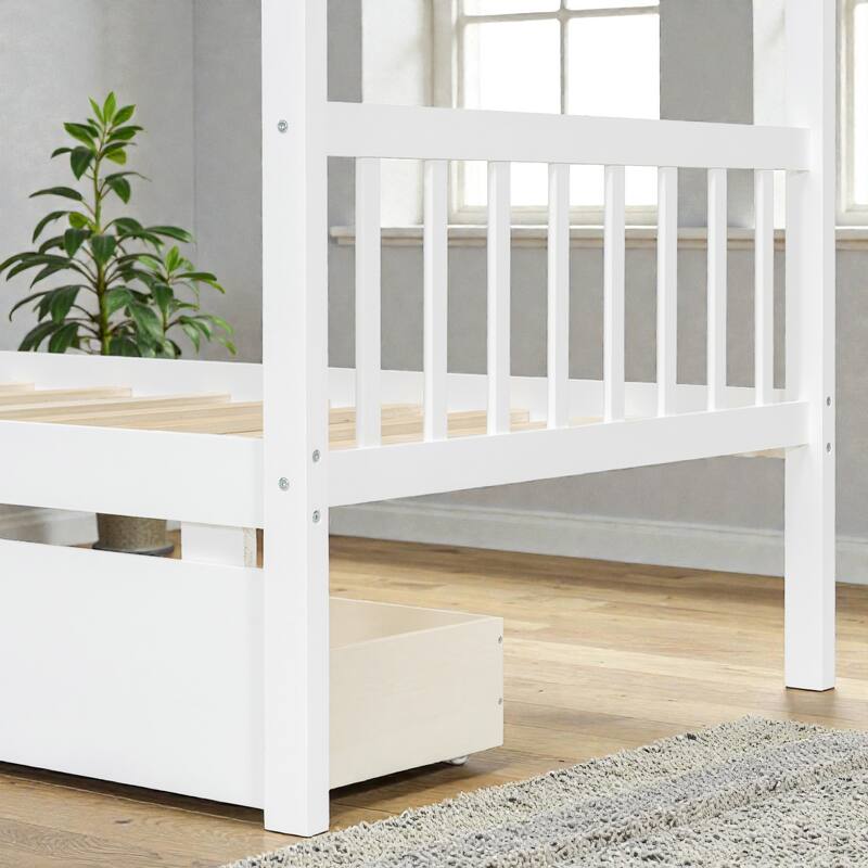 Twin/Full Size Wooden House Bed with Roof and 2 Drawers, Kids Platform Bed with Storage, Solid Pine Frame