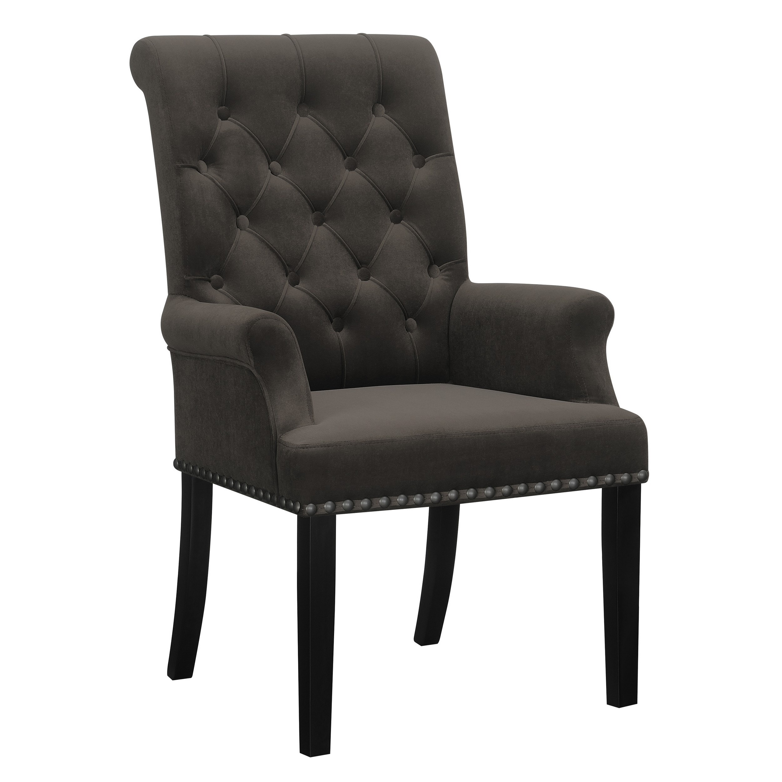 Ali 27 Inch Accent Armchair, Brown Fabric, Rolled Back, Deep Button Tufted