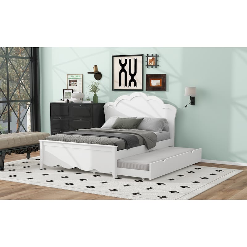 Solid Wooden Bed Frame, Full Size Platform Bed with Headboard and Pull-out Trundle Bed for Bedroom, Apartment, Natural