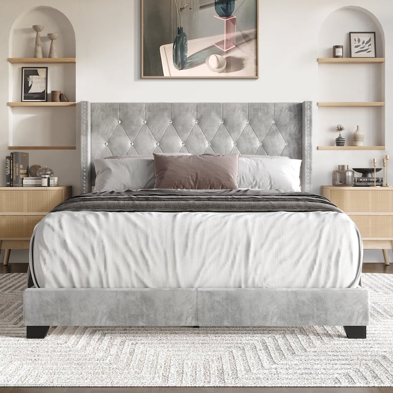CraftPorch Glam Button Tufted Wingback Upholstered Bed