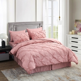 Queen King Bed Pink Blush Gray Pintuck Pleat Chevron 7 pc Comforter Set Bedding 