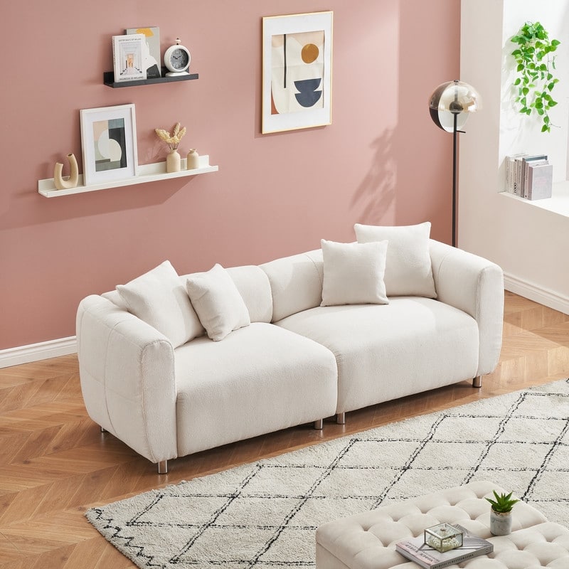 89" Cotton Linen Teddy 3-Seater Upholstered Sofa with Metal Legs