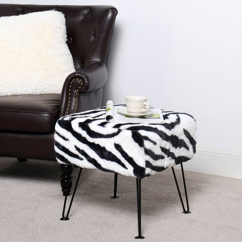 Home Soft Things Animal Pattern Ottoman Bench with Black Metal Legs - 17"x17"x17" - Black/White Zebra