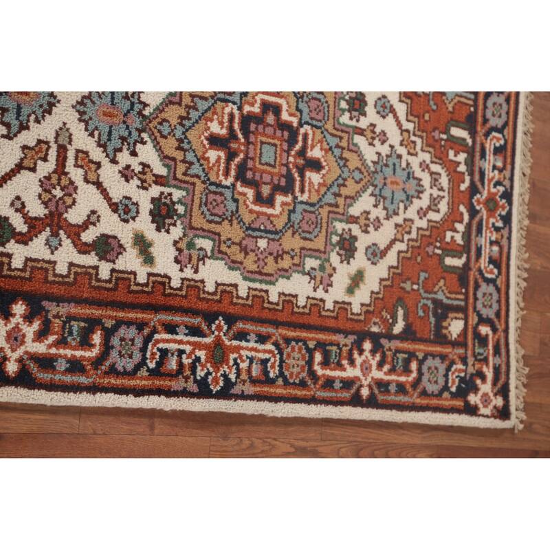 Geometric Beige Heriz-Serapi Oriental Runner Rug Handmade Wool Carpet - 2'6"x 8'0"