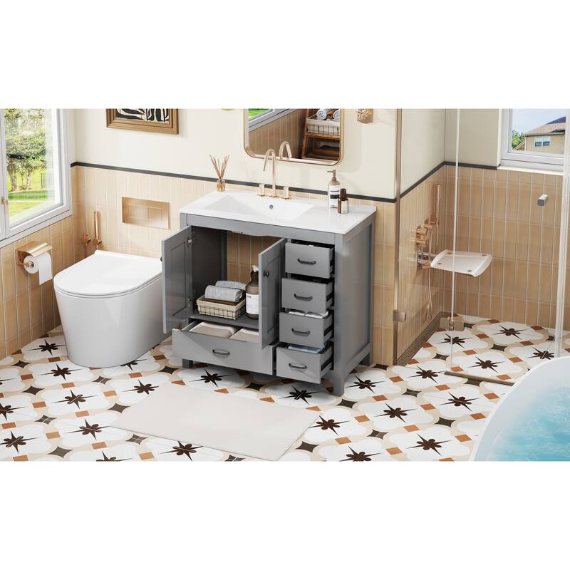 Bathroom Vanity with Ceramic Sink, Freestanding Single Basin Vanity Set, Bathroom Cabinet with 2 Soft Close Doors & 5 Drawers