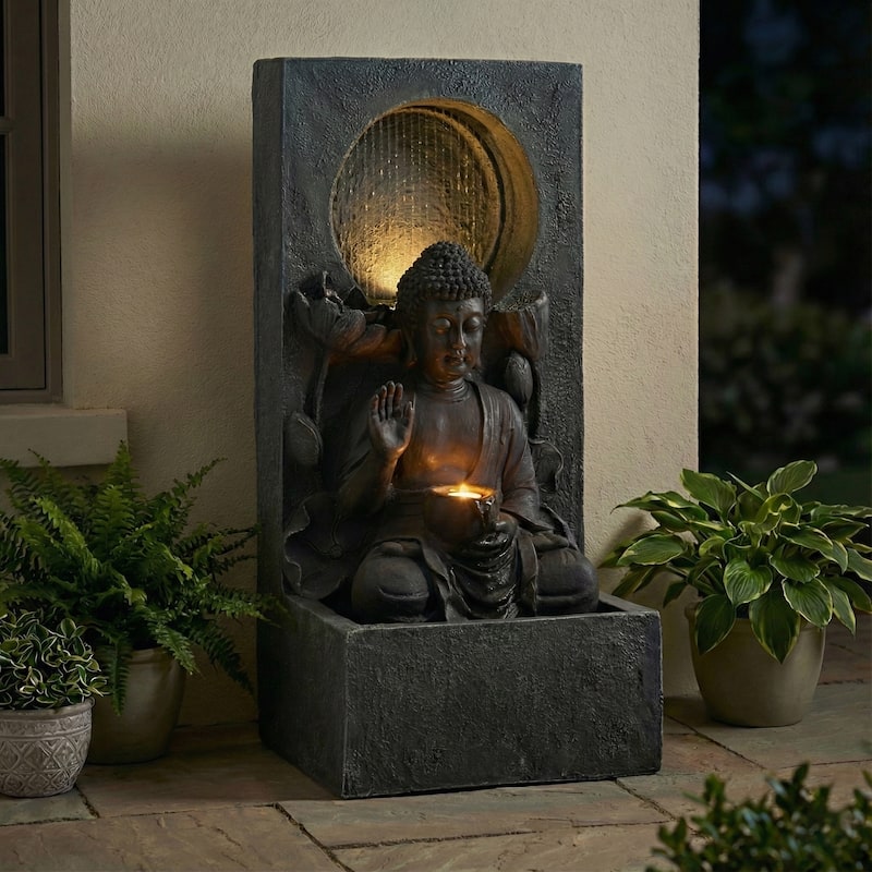 GDFStudio - Zen Fengshui 28" H Outdoor Freestanding Buddha Water Fountain with Calm Cascading Waterfall & LED Lights