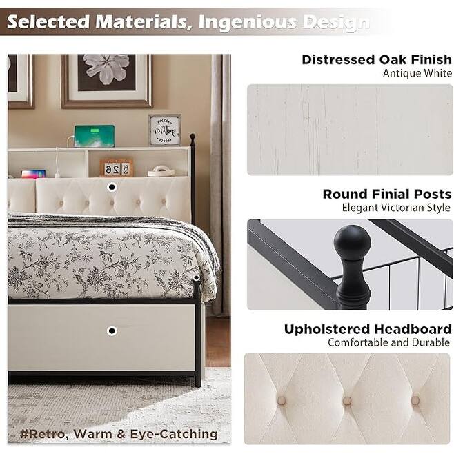 Queen Size Bed Frame with LED Lights, Charging Station and 4 Drawers