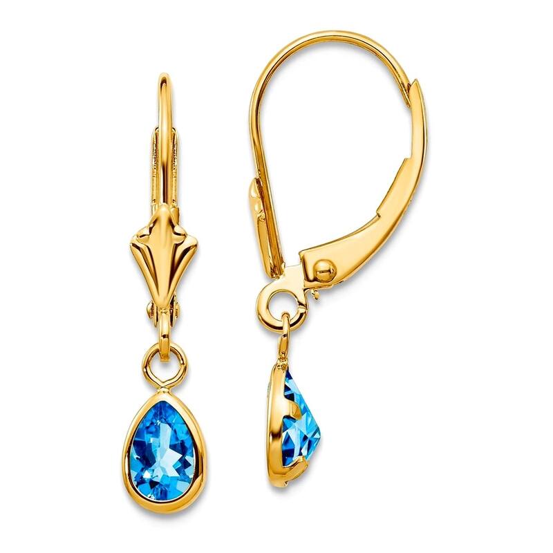 Curata 14k Yellow Gold Bezel 4x6mm Pear Gemstone Birthstone Leverback Earrings - 23x4mm - Blue Topaz