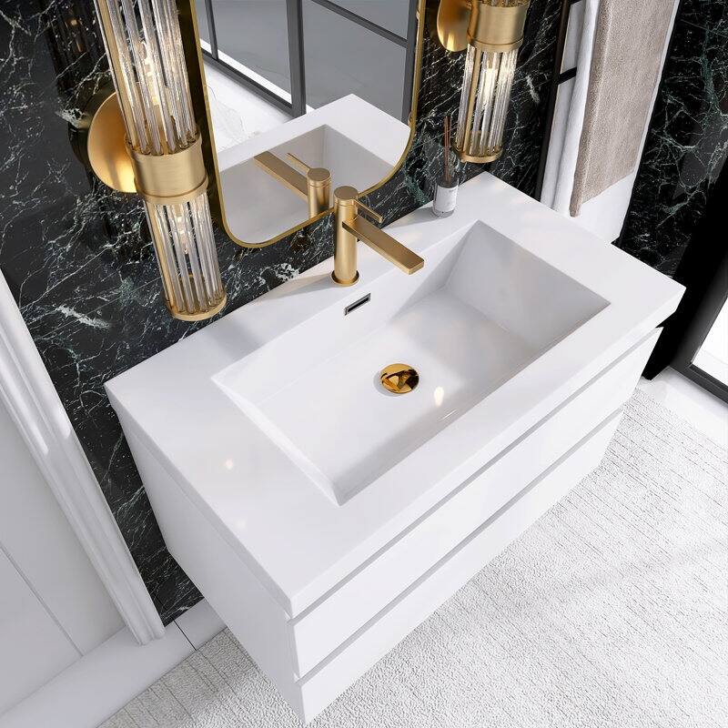 24"/30"/36"/48" Wall-Mounted 2-drawer Bathroom Vanity Set with Integrated Resin Sink