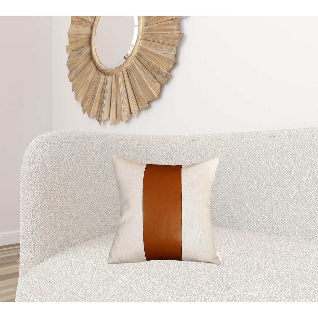 Set Of Four 18" X 18" Brown and Ivory Faux Leather Zippered Pillow