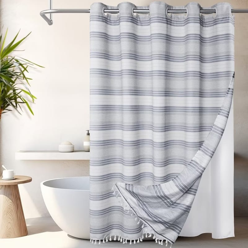 No Hooks Tassels Beach Stripe Shower Curtain with Snap-in Liner - 71"Wx74"L - Navy Blue