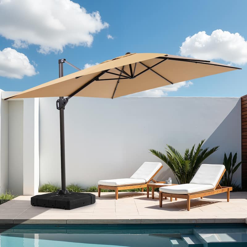 11 x 9 FT Outdoor Patio Offset Cantilever Umbrella with Base - Tan