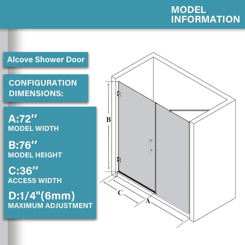 72" x 76" Pivot Semi-Frameless Shower Door in Black Finish with Tempered Glass - 76'' x 72''