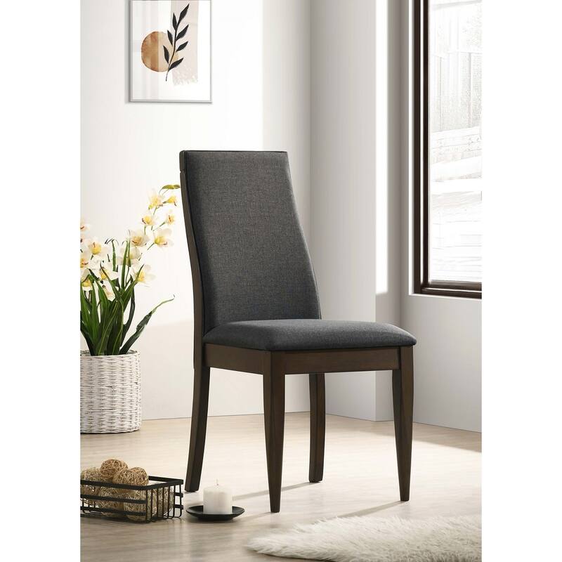 Set of 2 Grey Fabric Upholstered Dining Chairs, Dark Walnut