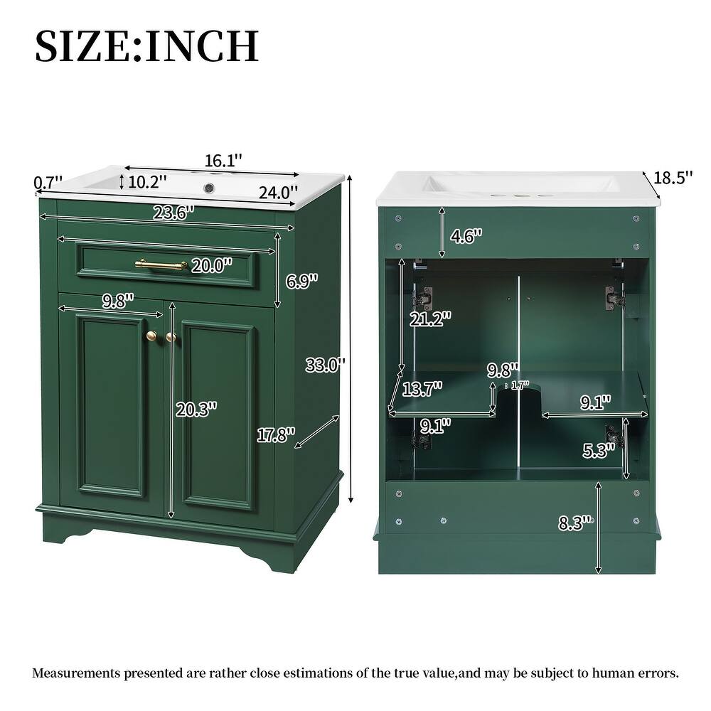 24" Bathroom Vanity with Integrated Ceramic Sink, Bathroom Cabinet with 2 Doors