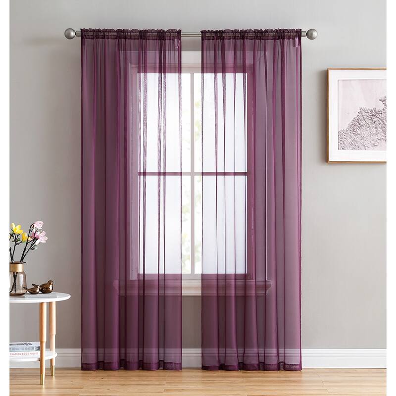 HLC.me Sheer Voile Window Treatment Rod Pocket Curtain Panels for Bedroom, Living Room, Kitchen - Set of 2 panels - 54 W x 84 L per panel - Pair - Plum