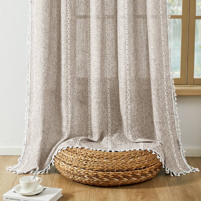 Deconovo Boho Sheer Curtain with Tassels & Embroidery 1 Panel