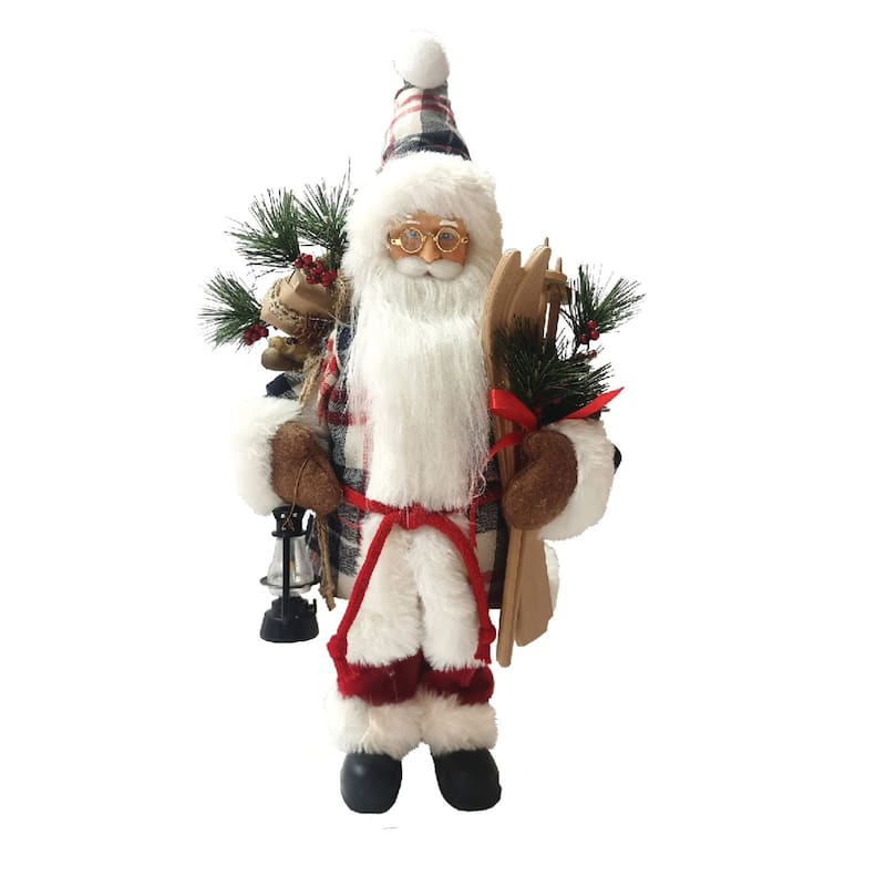 17" Plaid Santa Claus with Skis and Lantern Christmas Figurine