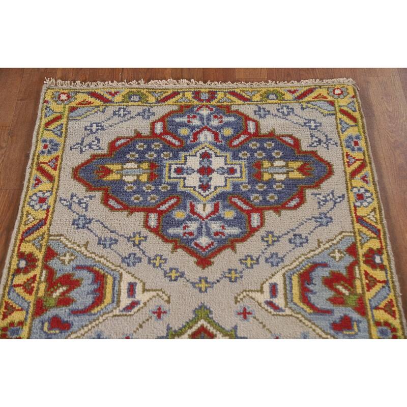 Geometric Beige Kazak Oriental Rug Hand-Knotted Wool Carpet - 2'7"x 6'1"