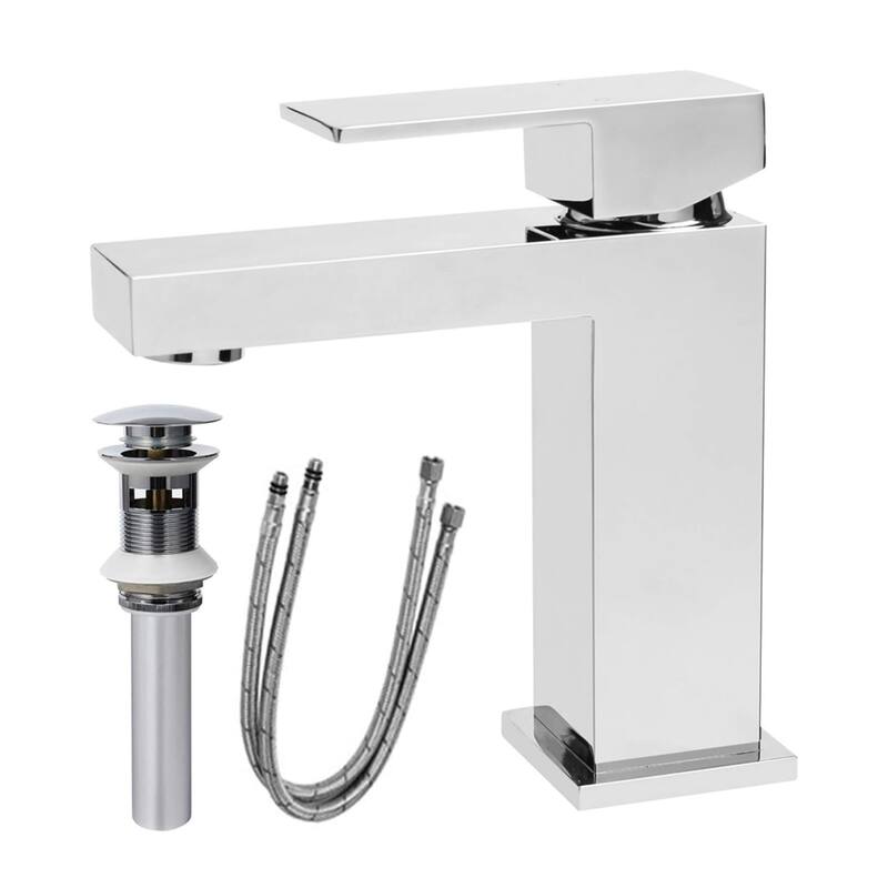 Bathroom Faucet with Single Handle, Pop-Up Drain & Hoses - Solid Brass - Chrome