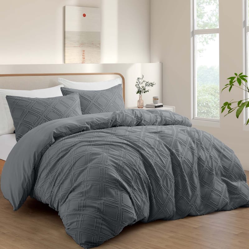 Tufted Clipped Jacquard Geometric Oversized Duvet Cover & Pillowcase Set - Square/Dark Gray - Twin