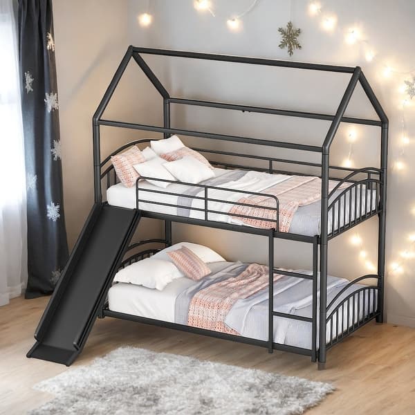 slide 2 of 26, House Twin over Twin Metal Bunk Bed with Slide and Ladders, Black Black