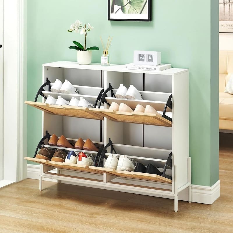 4-Door Freestanding Rattan Shoe Cabinet Organizer with Adjustable Shelves - White