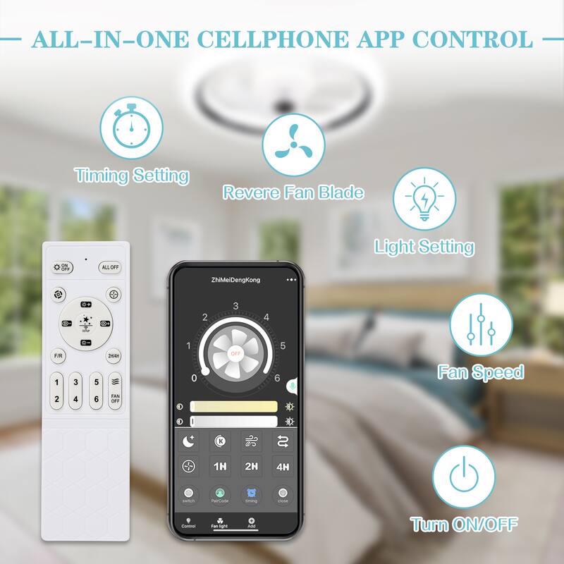 20" White Flush Mount Ceiling Fan with Dimmable Light, 6-Speed Low Profile Reversible Ceiling Fan with APP Control and Remote