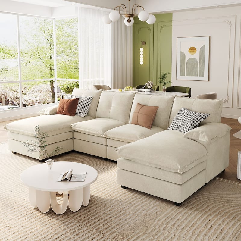 Luxurious U-Shaped Chenille Sectional Sofa with Adjustable Armrest Pillows and Button-Tufted Backrest - Beige