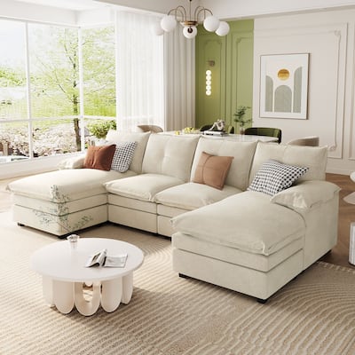 Luxurious U-Shaped Chenille Sectional Sofa with Adjustable Armrest Pillows and Button-Tufted Backrest