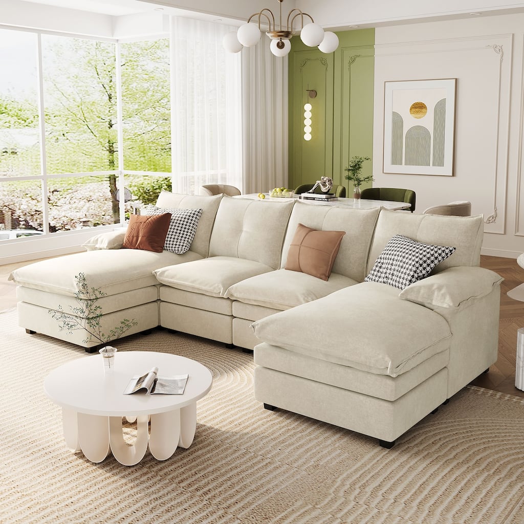 Luxurious U-Shaped Chenille Sectional Sofa with Adjustable Armrest Pillows and Button-Tufted Backrest