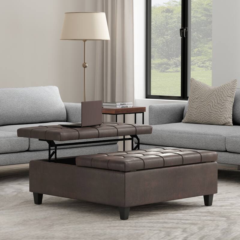 WYNDENHALL Elliot 40 inch Wide Transitional Square Table Ottoman - Distressed Brown