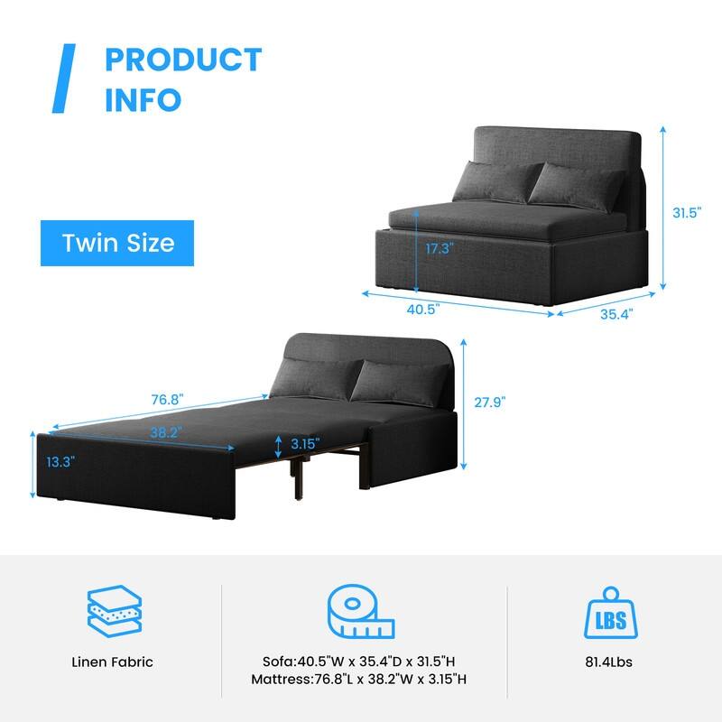 Mixoy Linen 2-in-1 Convertible Sofa Bed,Twin/Queen Pull Out Sleeper Sofa with Mattress,Cushions