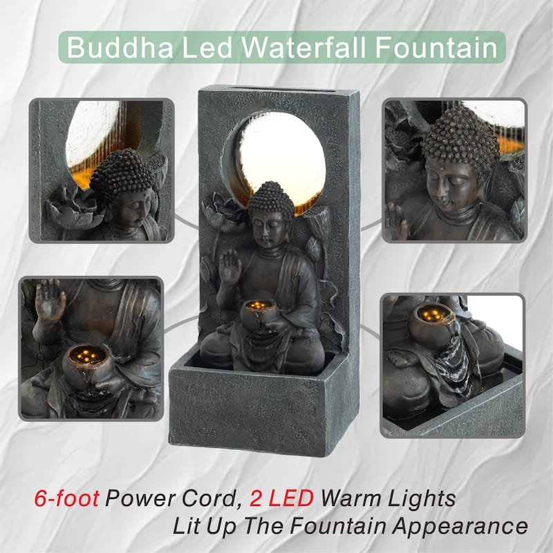 GDFStudio - Zen Fengshui 28" H Outdoor Freestanding Buddha Water Fountain with Calm Cascading Waterfall & LED Lights
